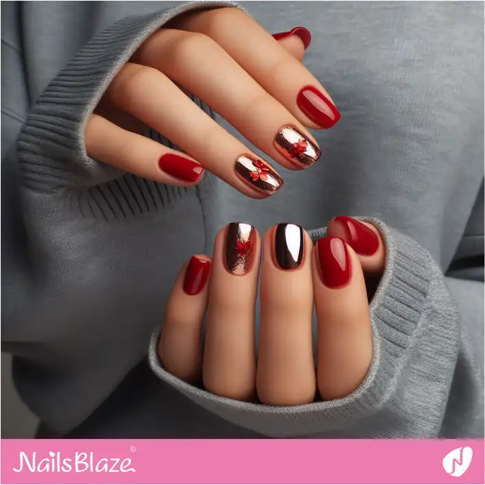 Short Red and Gold Nails Minimal Design | Foil Nails - NB4135